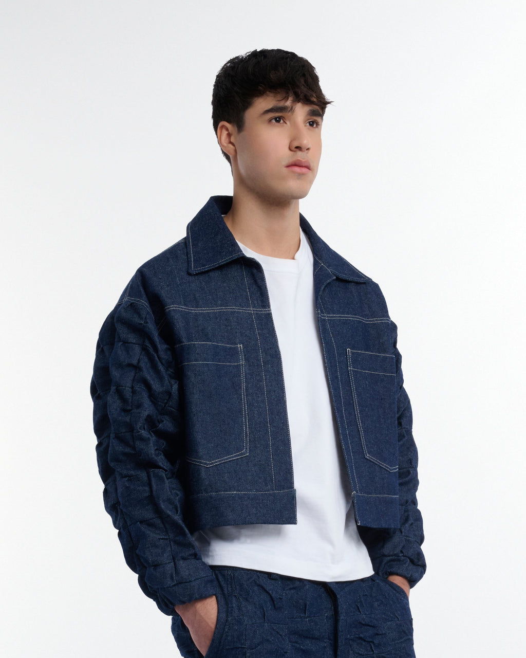 Day Latitude Chaqueta Oversize Azul Denim Drapeado Vista Frontal