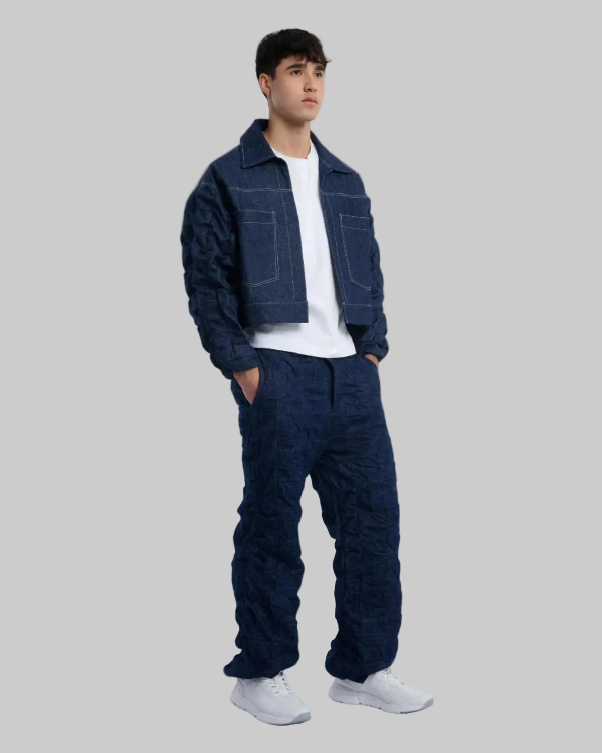 Day Latitude Conjunto Oversize Azul Denim Drapeado Chaqueta y Pantalon Vista Frontal