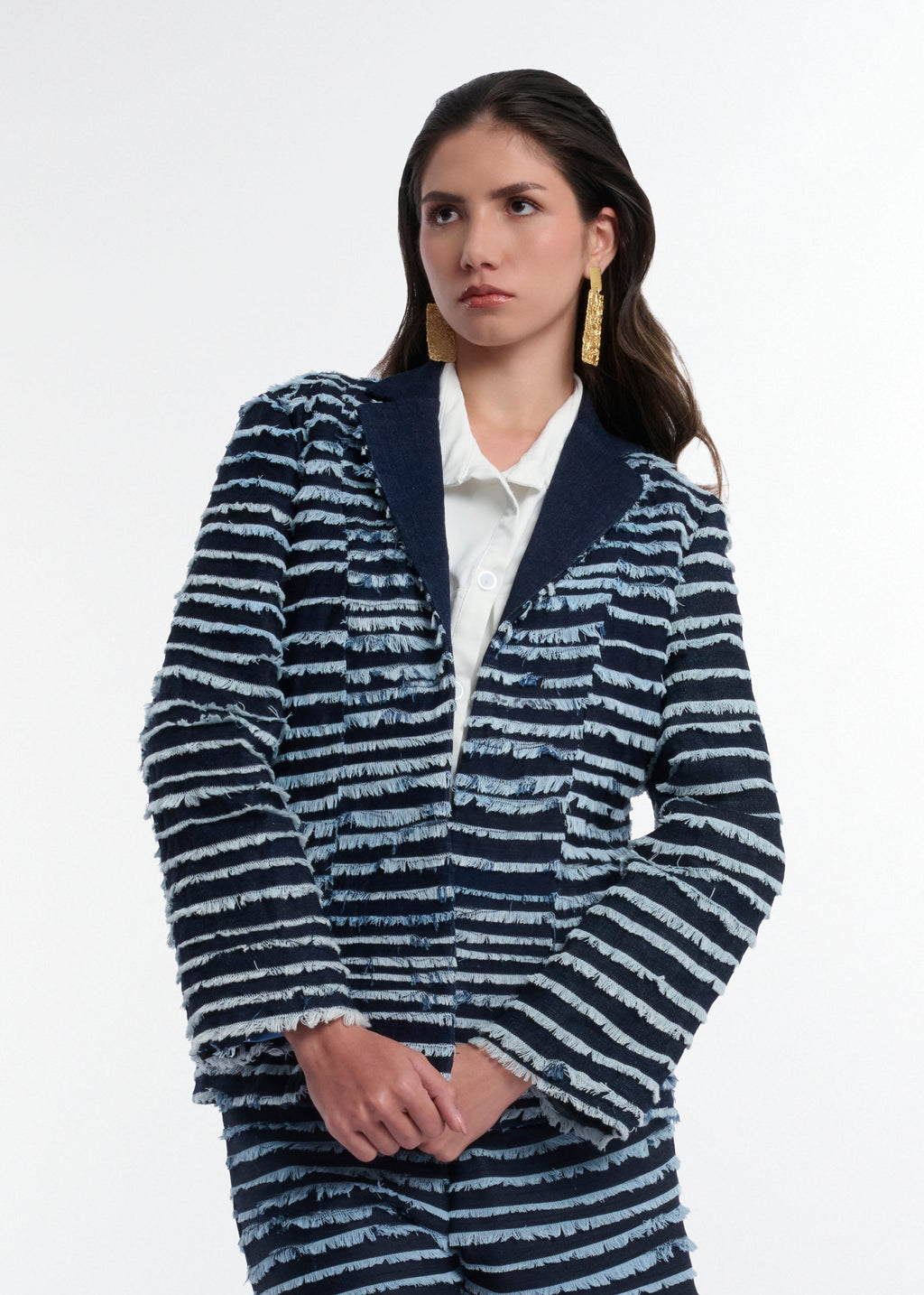 Day Latitude Set Sartorial Blazer Denim Deshilachado Vista Frontal